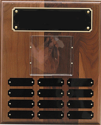 Wooden plaque with black nameplates and a clear acrylic panel