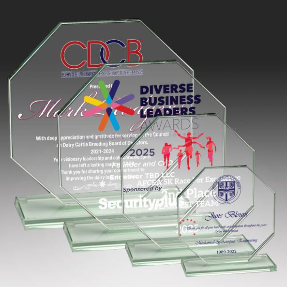 Set of glass awards with text and logos on a gray background