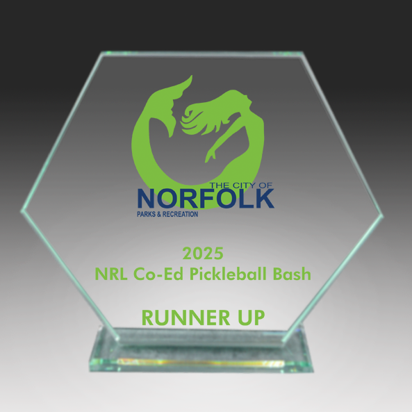 Glass award with green text and logo for 2025 NRL Co-Ed Pickleball Bash Runner Up, featuring The City of Norfolk Parks & Recreation.