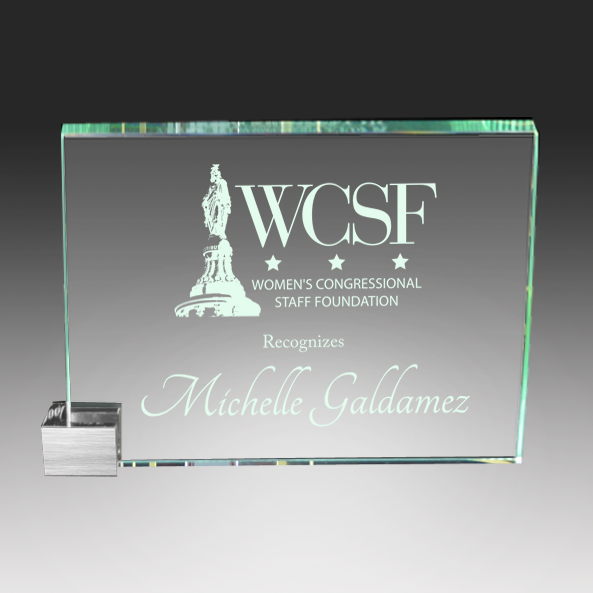 Glass award with engraved text and logo on a black background Norfolk, Virginia