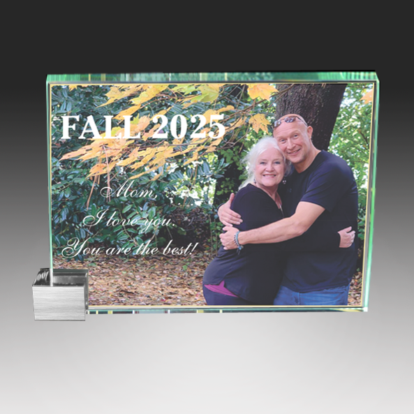 Glass photo plaque with a couple and text 'FALL 2025 Mom, I love you You are the best!' against a natural background. Norfolk, Virginia
