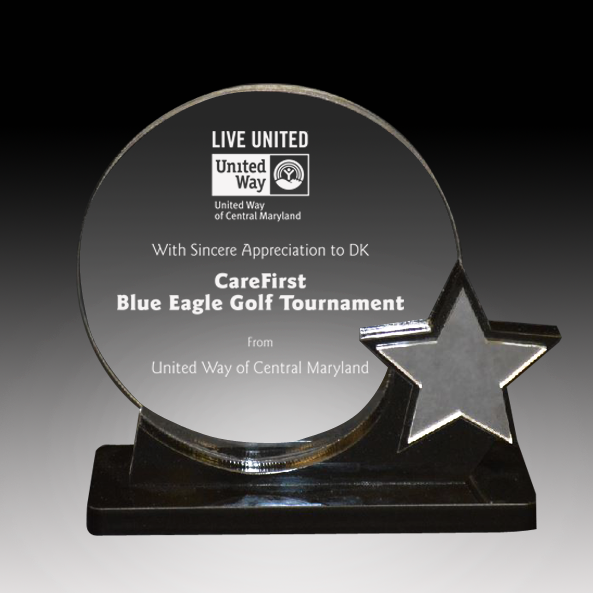 6.75 x 5 Clear Round acrylic on black acrylic base with mirrored star