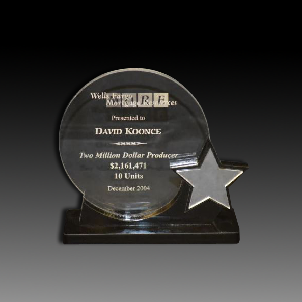 6.75 x 5 Clear Round acrylic on black acrylic base with mirrored star