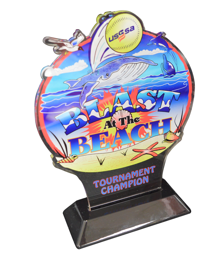 Custom Cut Acrylic Award with Full UV Print on a black snap-in base