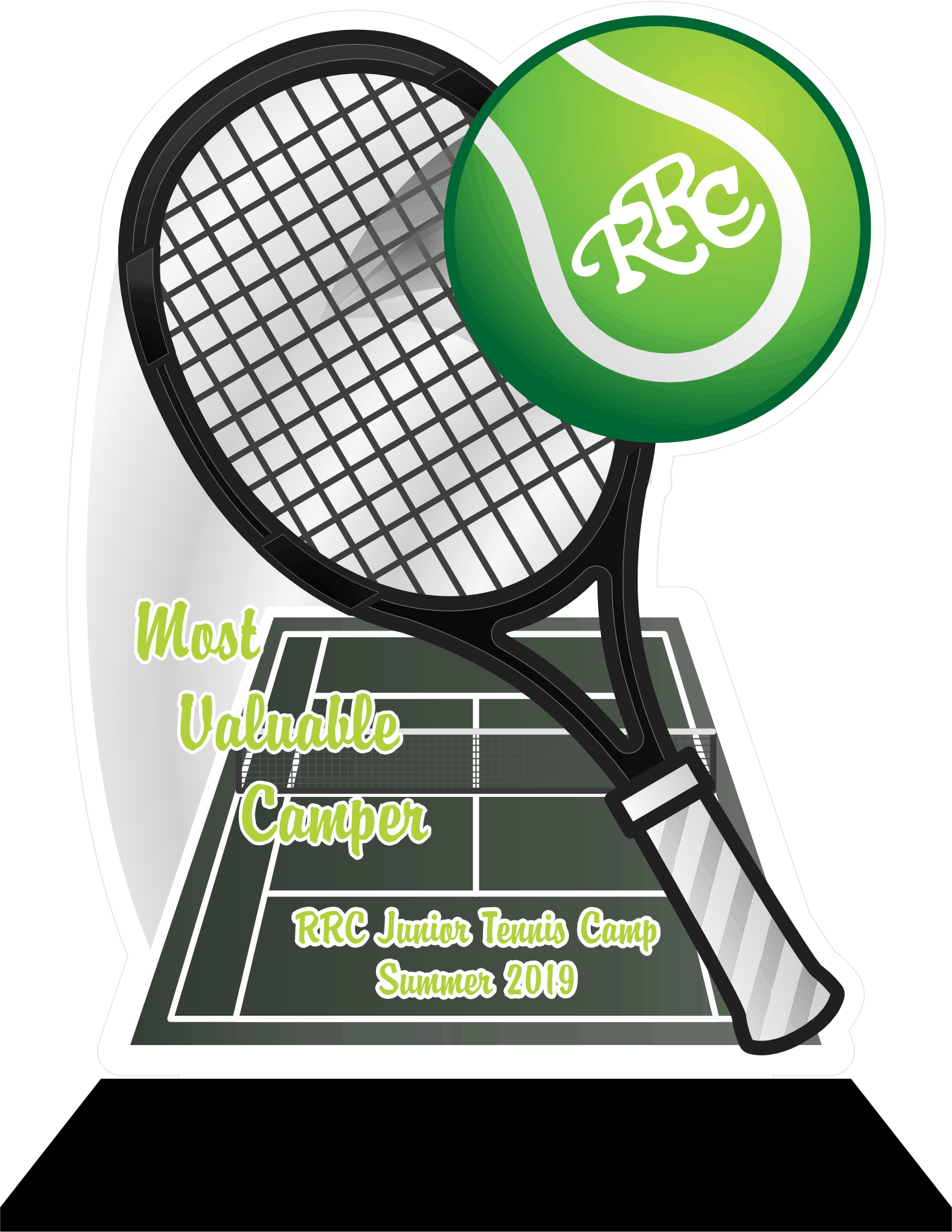 Custom Cut Acrylic Award with Full UV Print on a black snap-in base