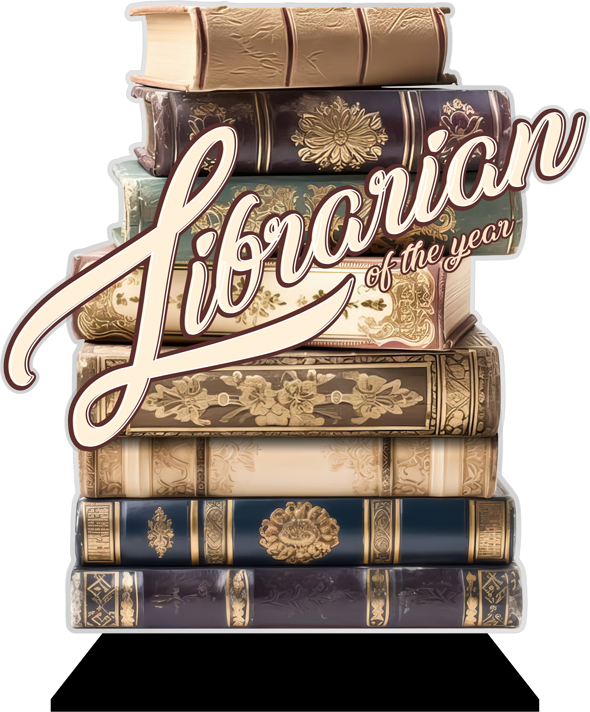 Custom Cut Acrylic Award with Full UV Print on a black snap-in base