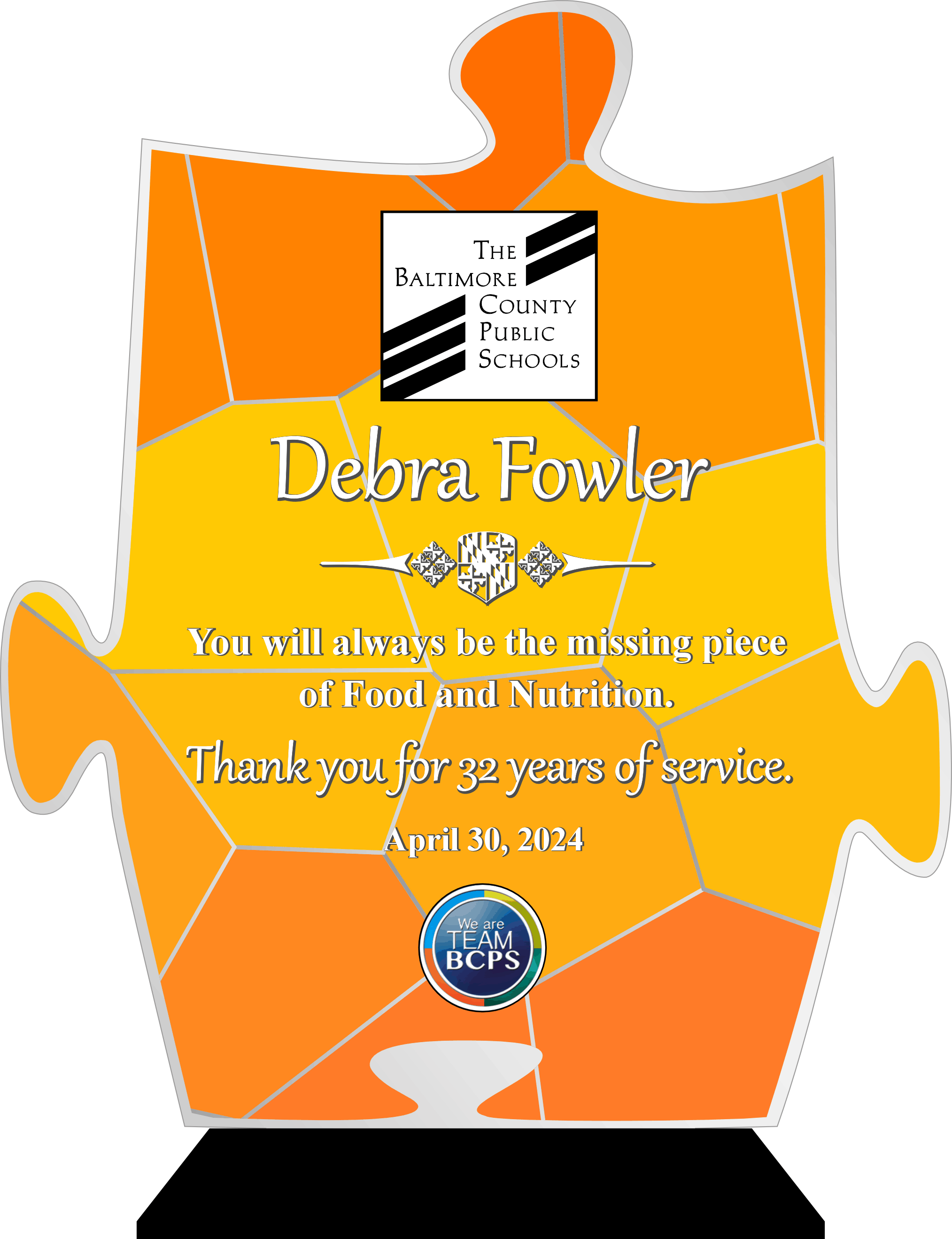 Custom Cut Acrylic Award with Full UV Print on a black snap-in base