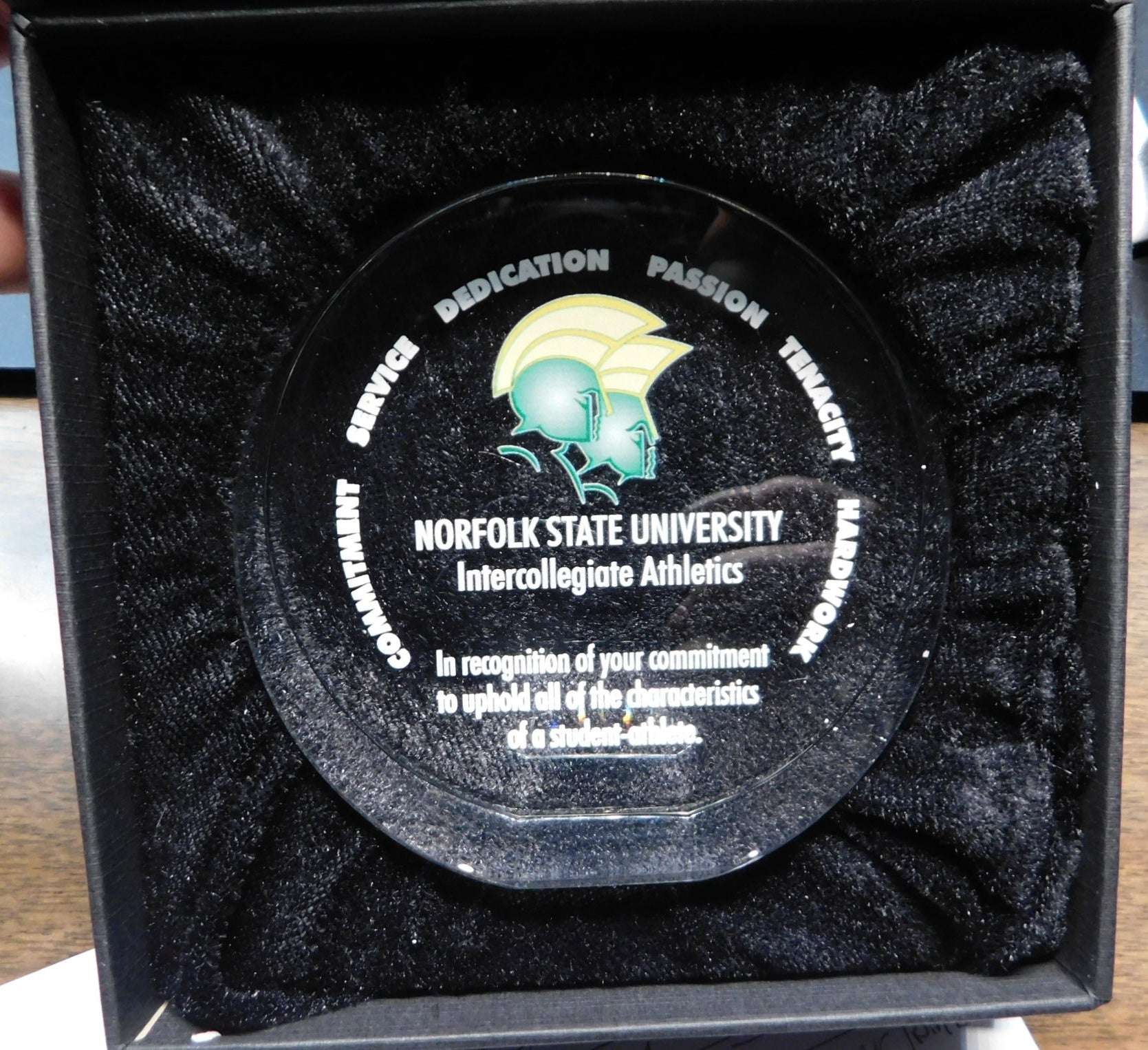 Norfolk State University intercollegiate athletics award in a black box