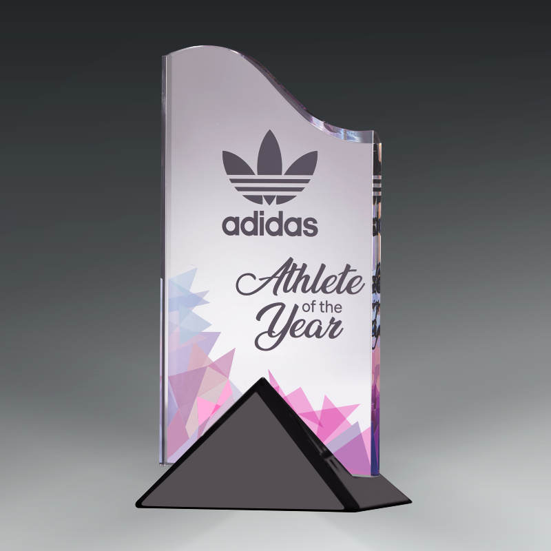 Adidas 'Athlete of the Year' award with colorful design on a gray background