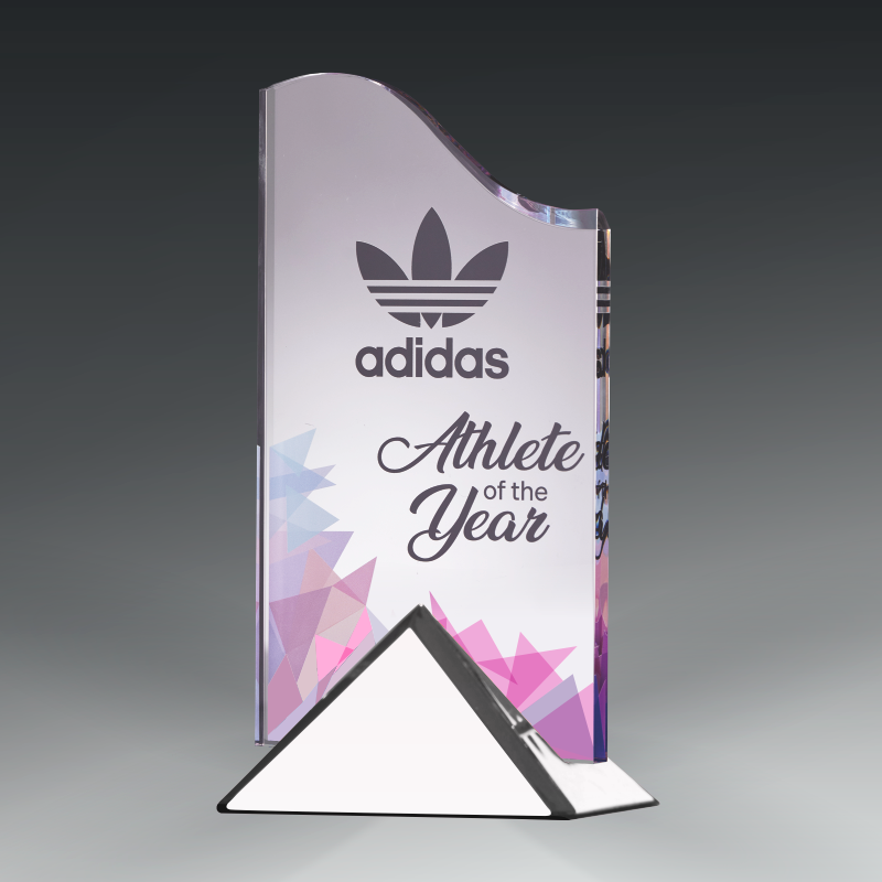 Adidas 'Athlete of the Year' award with geometric design on a gray background