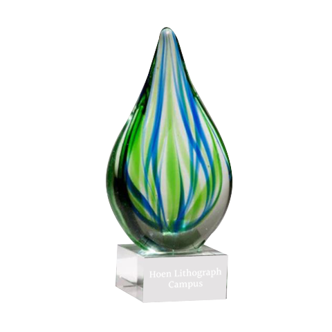 8" Blue and Green Teardrop Art Glass on Clear Glass Base with Black Laserable Aluminum Plate