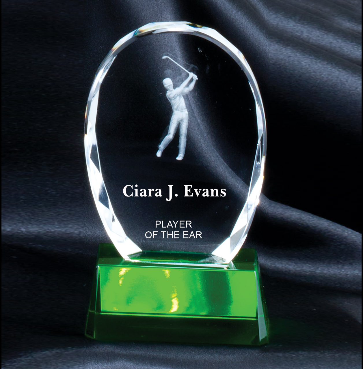 Optical Crystal Arch with 3-D Golfer on Green Glass Base