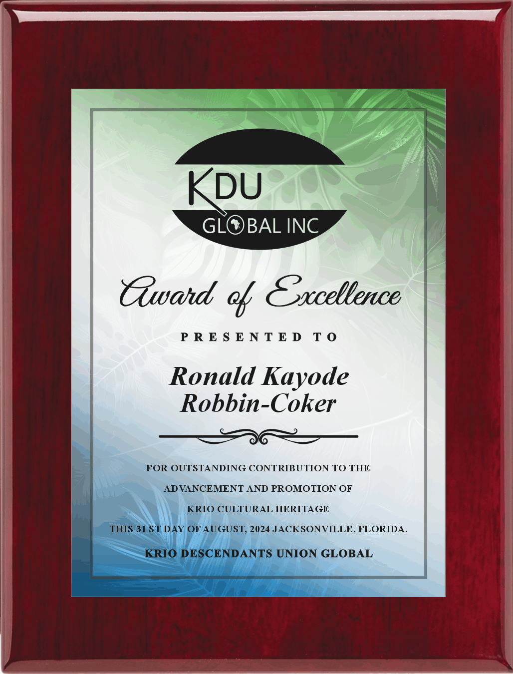 High Gloss Mahogany Finish Plaque with Full Color Direct UV Print