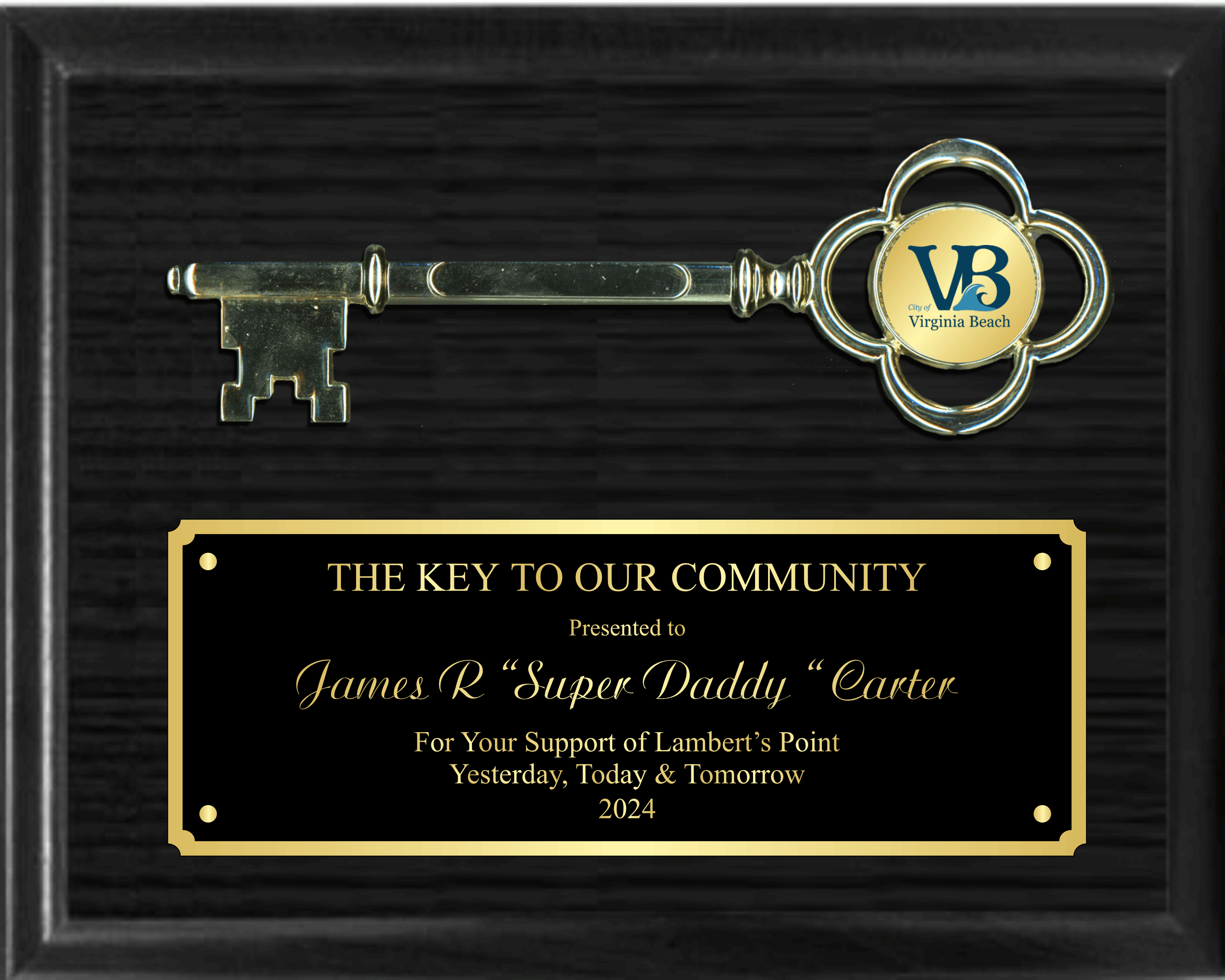8" Gold Metal Key to the City on 8"x10" Plaque