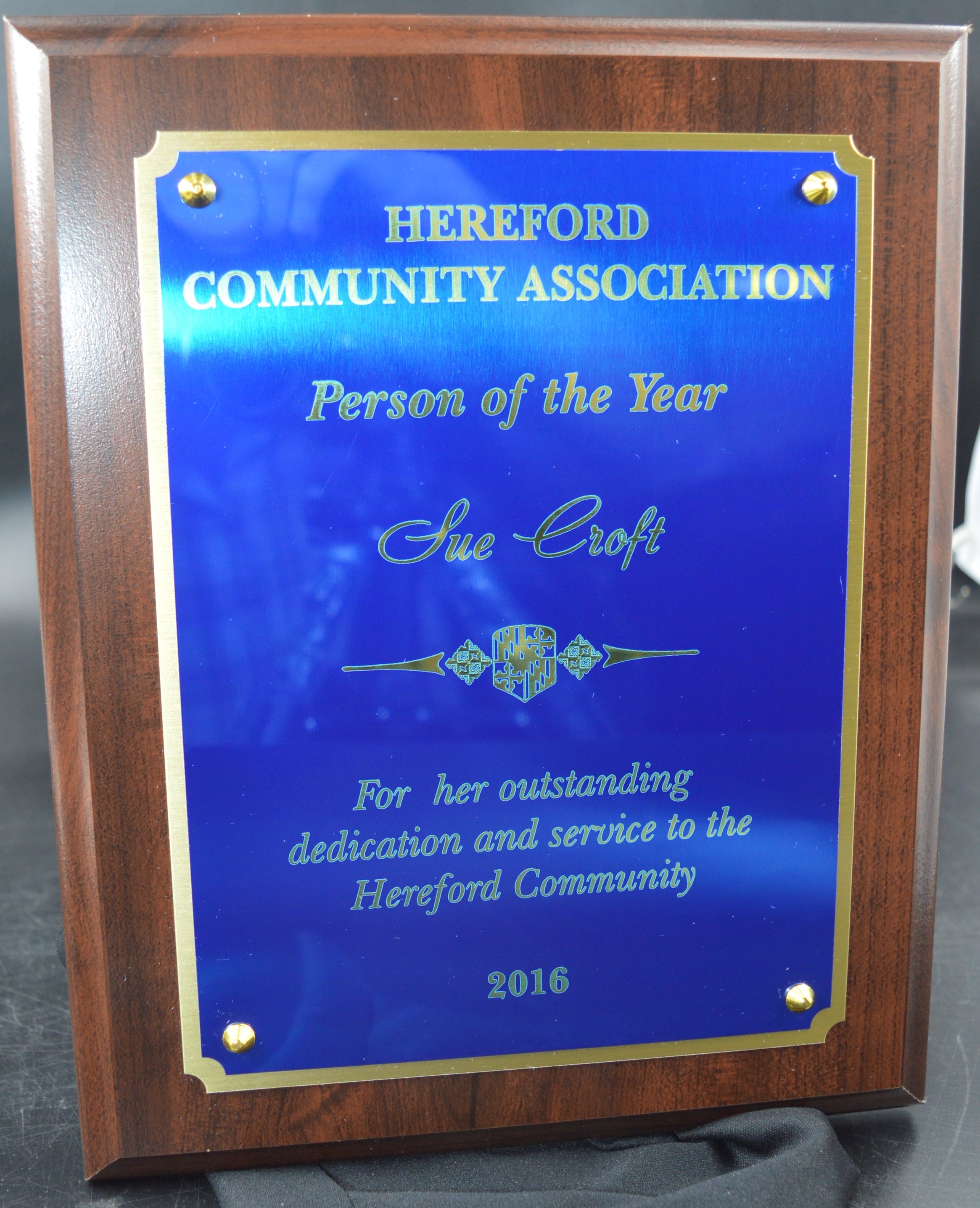 Plaque from Hereford Community Association recognizing 'Person of the Year' for 2016