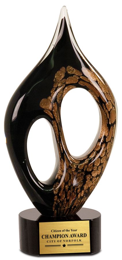 Decorative award with black and gold design on a white background