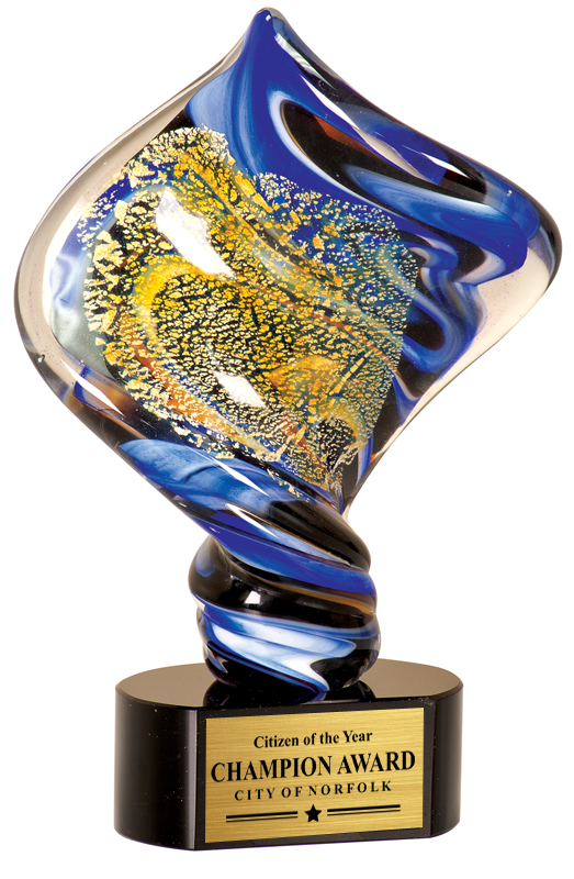 Decorative award with blue and gold design on a black base, featuring 'Citizen of the Year Champion Award City of Norfolk'.