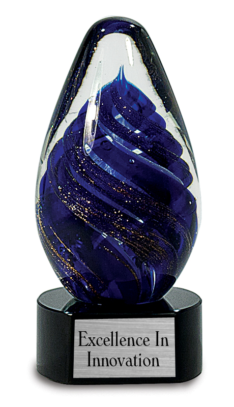 6.5" Blue Tear Drop Art Glass on Black Base