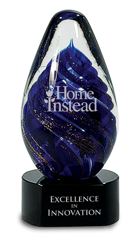 6.5" Blue Tear Drop Art Glass on Black Base