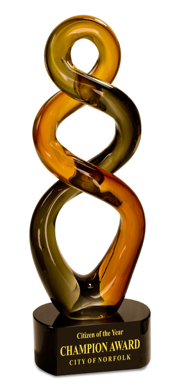 Decorative award with twisted design on a black base, featuring text 'Citizen of the Year Champion Award City of Norfolk'.