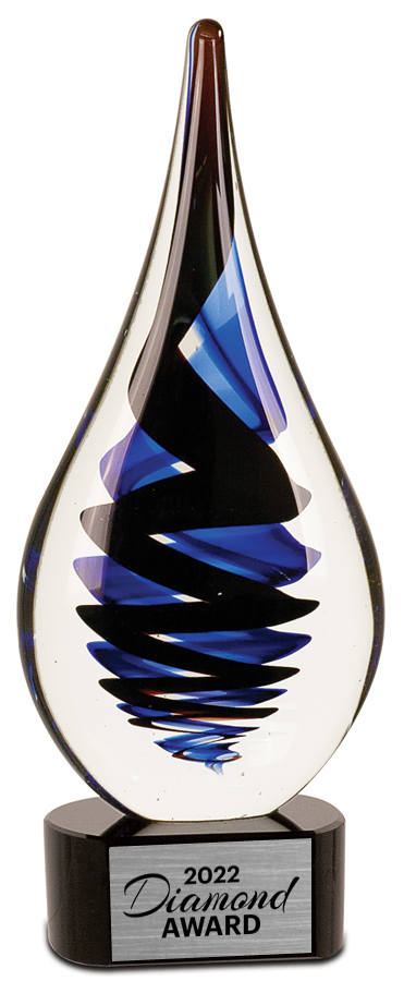 Teardrop-shaped award with blue and black design on a white background in Portsmouth, VA