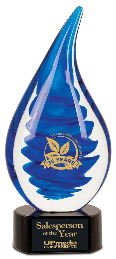 Blue and white glass award with 'Salesperson of the Year' and 'Media Conference' text on a black base in Glen Burnie, Maryland