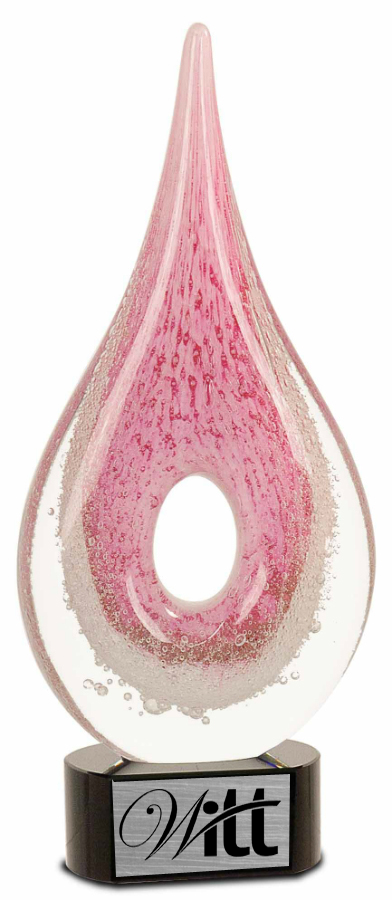 Pink and clear glass sculpture with 'Witt' branding on a white background in Virginia Beach, Virginia. Perfect for Mom
