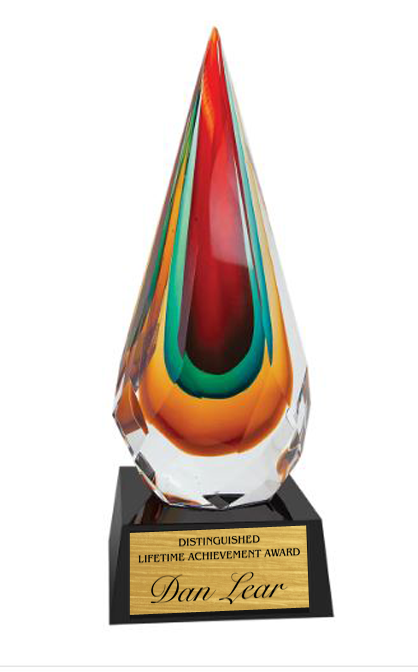 Colorful glass award with a wooden base on a white background in Washington DC