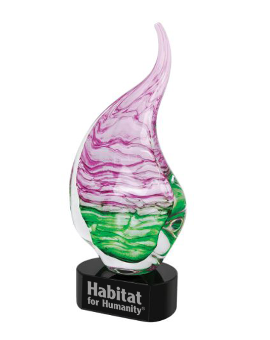 Colorful glass sculpture with 'Habitat for Humanity' branding on a white background in Norfolk, VA