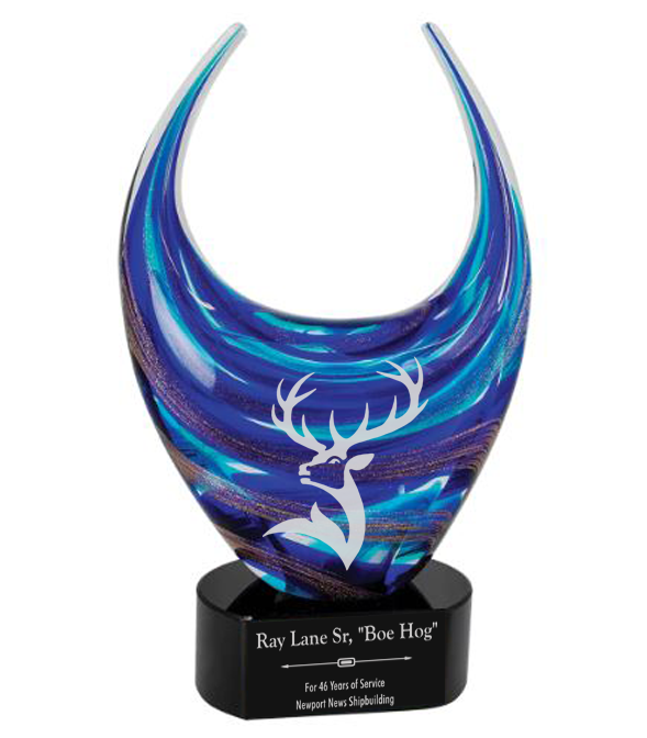 Decorative glass award with a deer emblem on a white background in Norfolk, VA