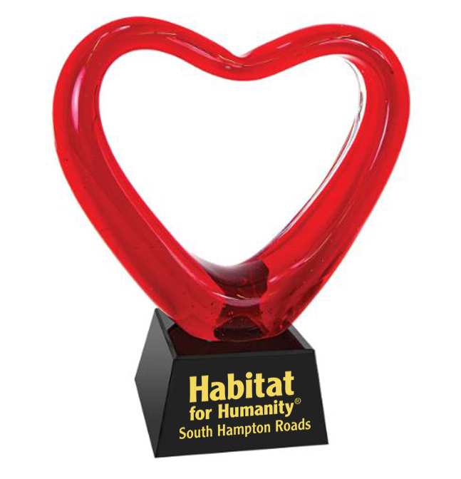 Red heart-shaped trophy with Habitat for Humanity South Hampton Roads logo on a black base in Baltimore, MD