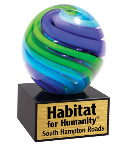 Colorful glass orb on a black base with 'Habitat for Humanity South Hampton Roads' branding. Virginia