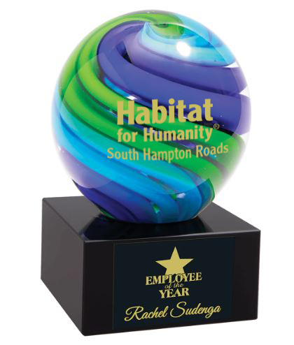 Colorful glass orb with 'Habitat for Humanity South Hampton Roads' on a black base with engraved text. Hampton, Virginia