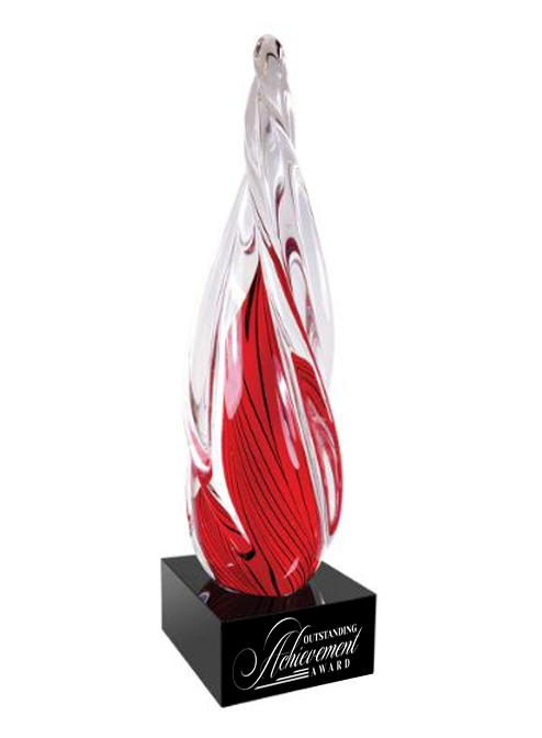 Decorative glass award with red and clear design on a black base in Norfolk, Virginia