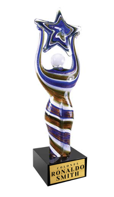 Decorative trophy with a star on top and striped base, featuring 'Colonel Ronaldo Smith' on a white background. Norfolk, VA