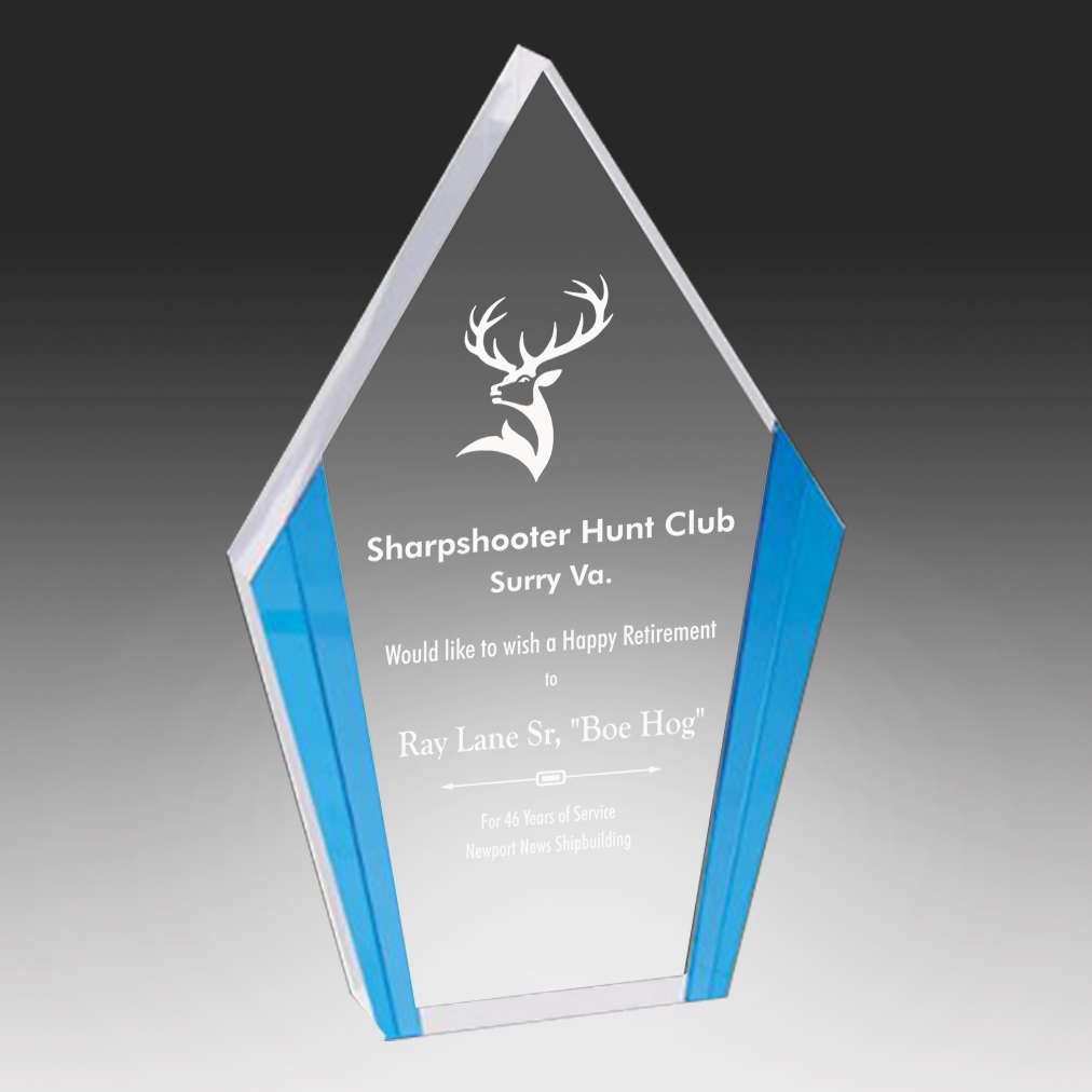 Acrylic award with blue base and gray top, featuring a deer logo and text in Newport News, Virginia