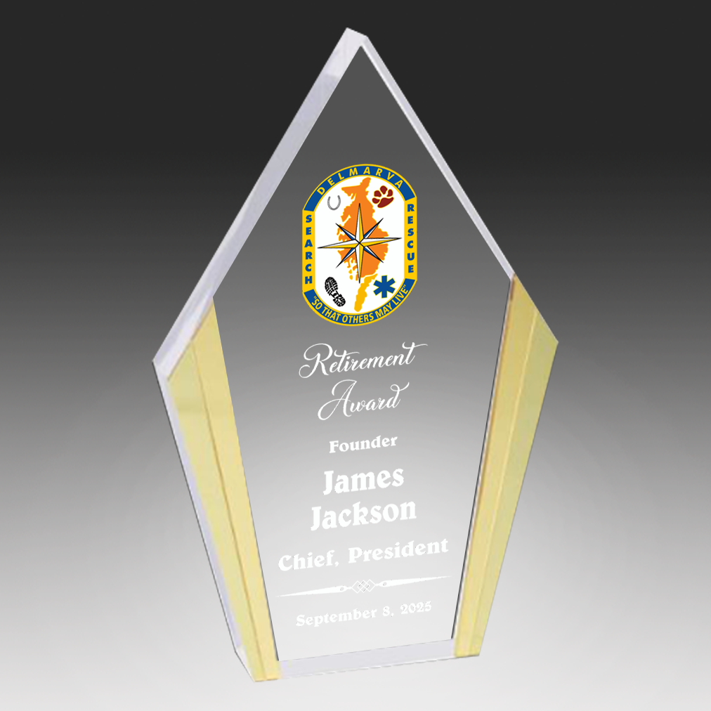 Retirement award with a logo and text on a clear acrylic plaque with gold accents in Norfolk, VA