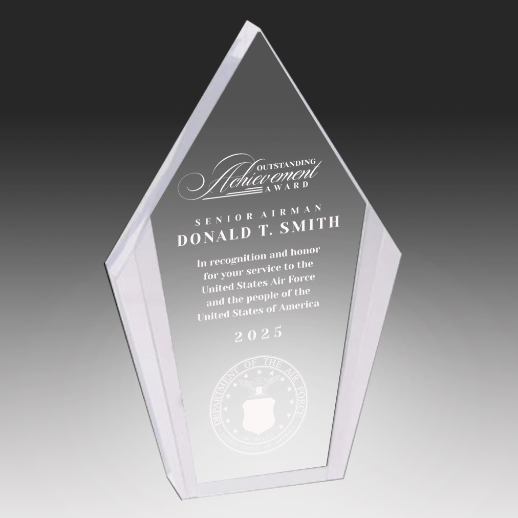 Clear glass award with engraved text and Air Force logo on a dark background in Norfolk, VA