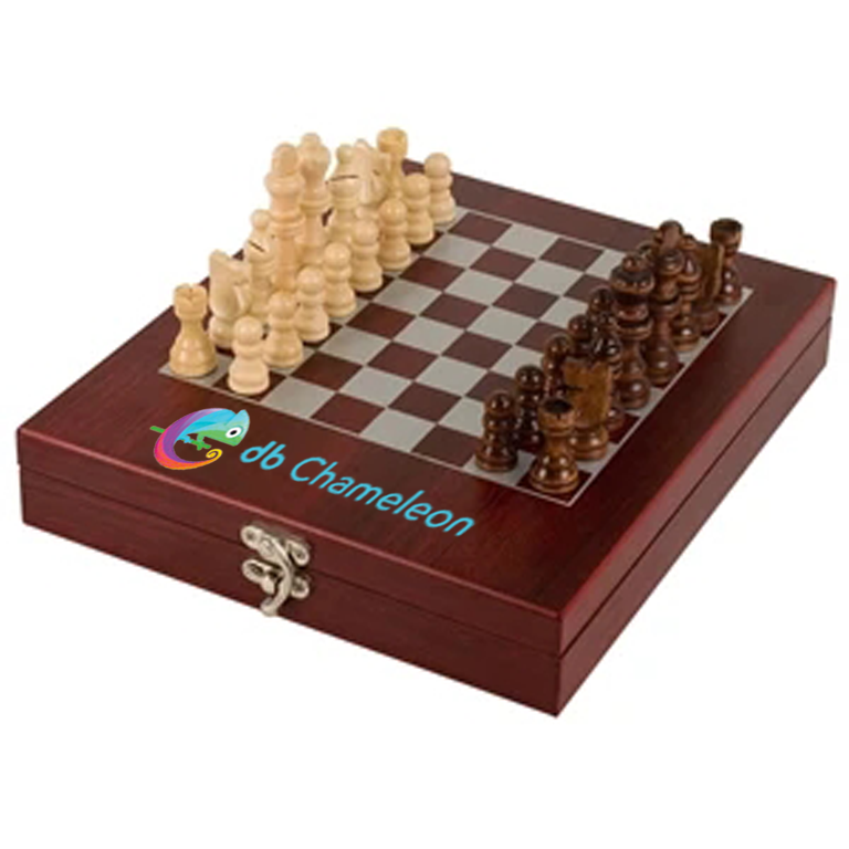 Wooden chess set with pieces and a storage box on a white background, branded 'db Chameleon'. Norfolk, VA gifts