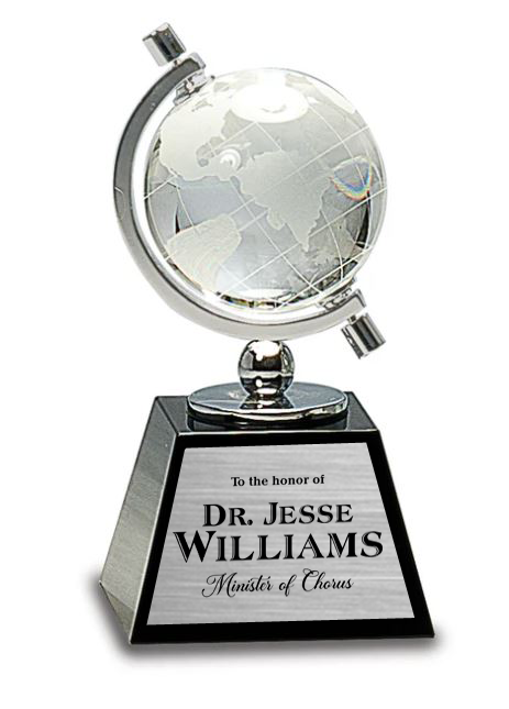 Globe trophy with engraved plaque on a white background in Virginia Beach, Virginia
