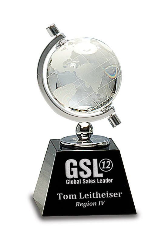 Globe trophy with a black base displaying 'GSI Global Sales Leader' and 'Tom Leitheiser Region IV in Norfolk, Virginia