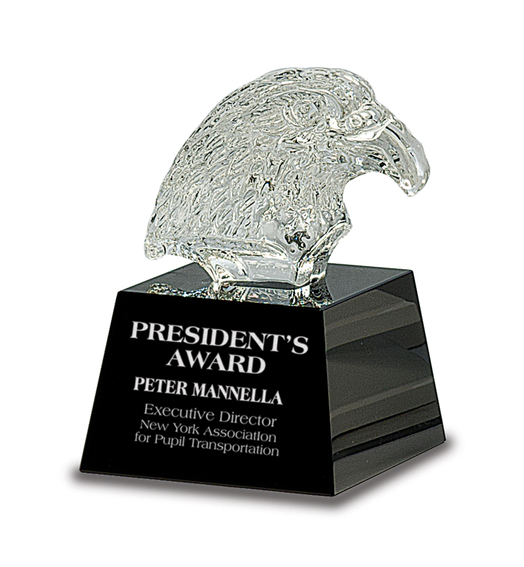 Crystal eagle head award on a black base with engraved text in Chesapeake, VA