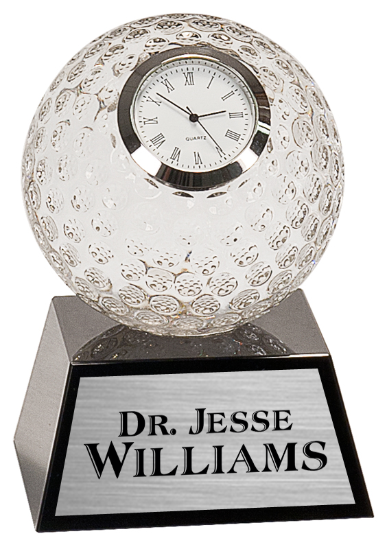 Decorative clock with a crystal ball design on a black base with engraved name in Norfolk, VA