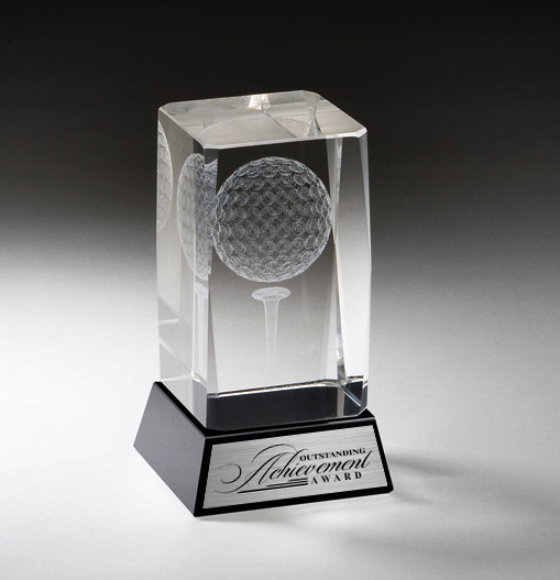 3D Lasered Crystal Golf Ball/Tee Award on Black Base