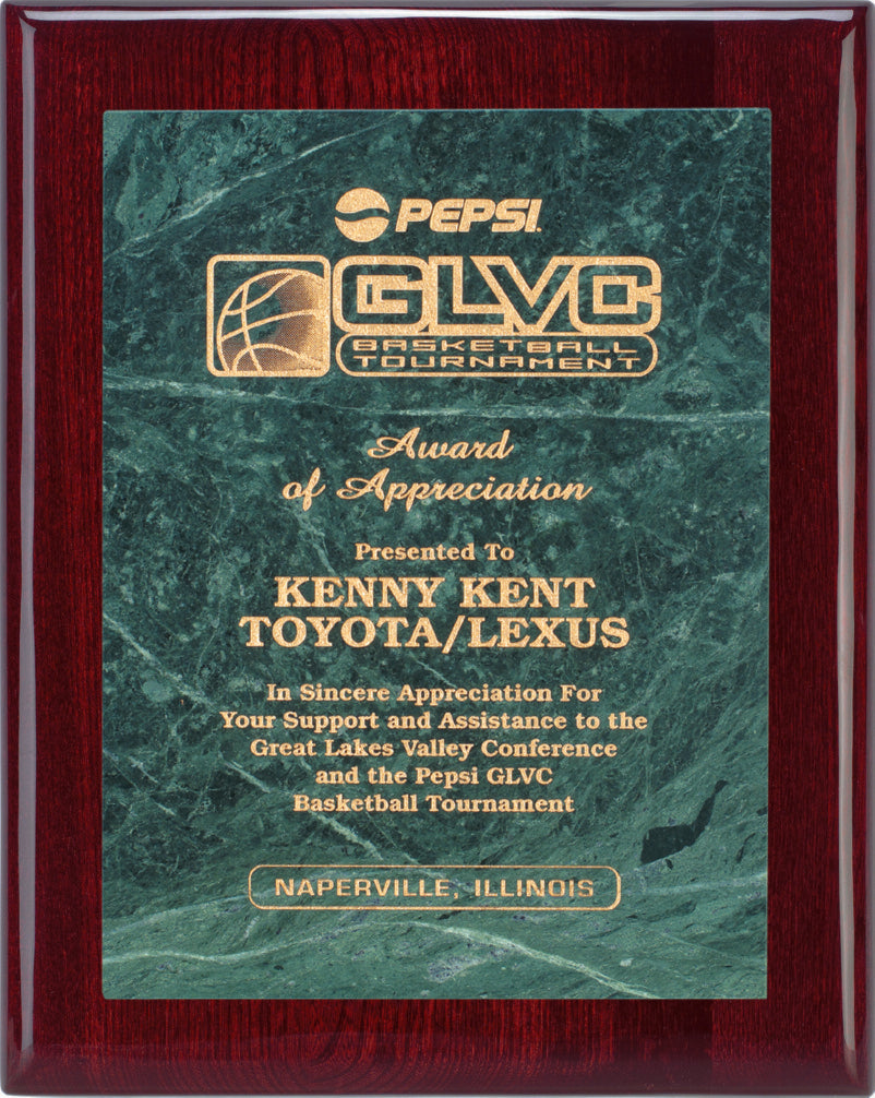 9" x 12" Piano Rosewood Plaque with Genuine Green Marble attached