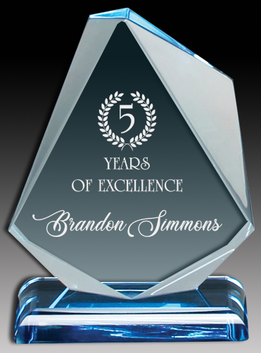 Blue Crystal award engraved on a dark background