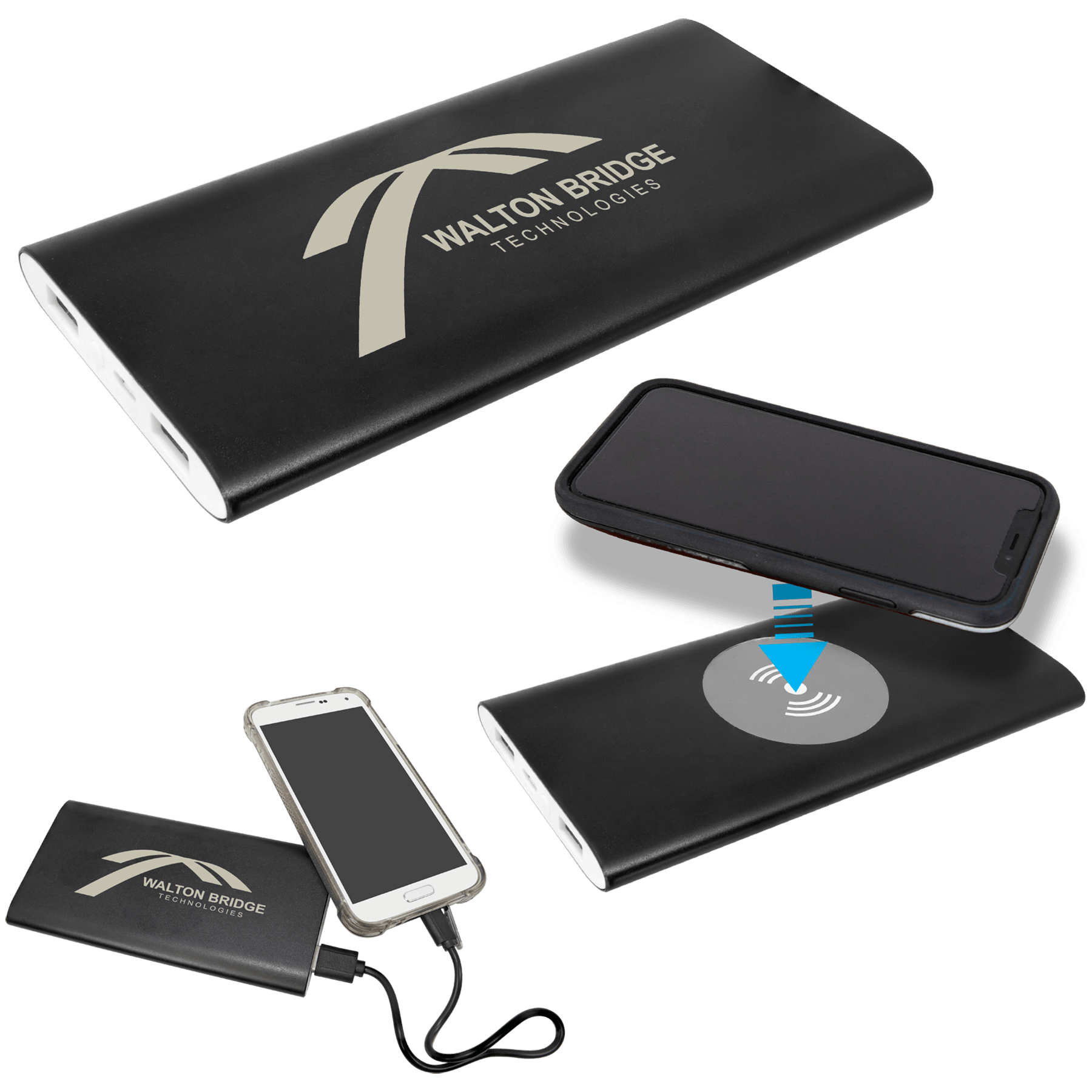 8000MAH Power Bank & Wireless Anodized Aluminum Charger with USB Power Cord