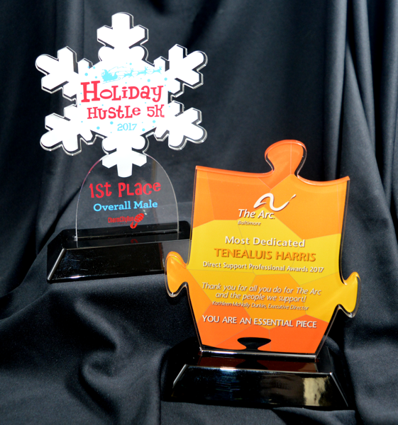 Custom Cut Acrylic Award with Full UV Print on a black snap-in base