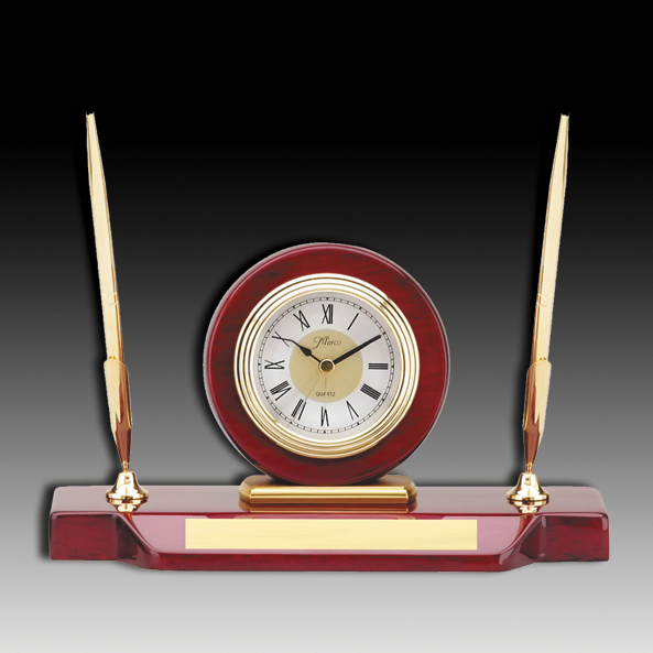 Piano Finish Rosewood Desk Set, Clock with 2 Pens 5" x 9"