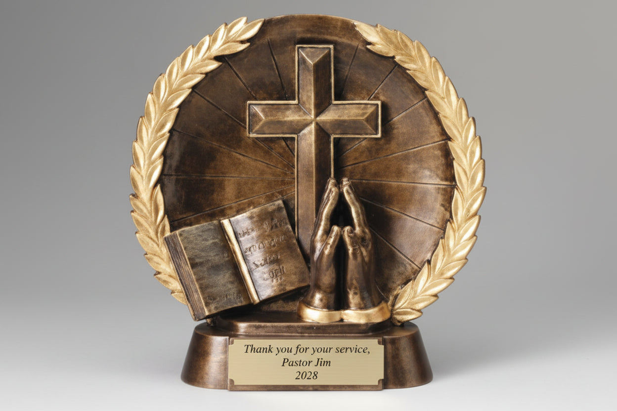 Decorative item with cross, book, and hands in a wreath on a base for religious recognition in Norfolk, VA